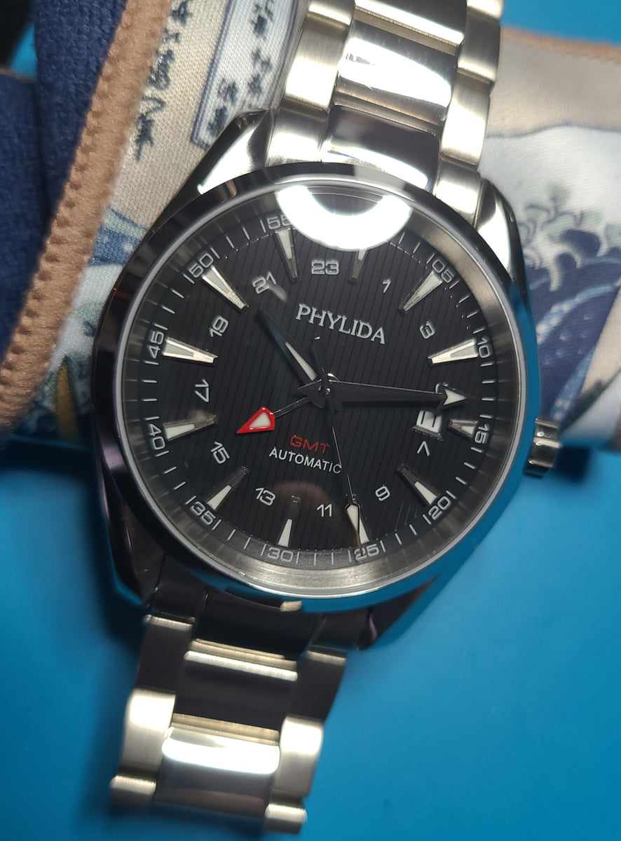 Phylida GMT Automatic Watch Black Aqua-Terra Watch Domed